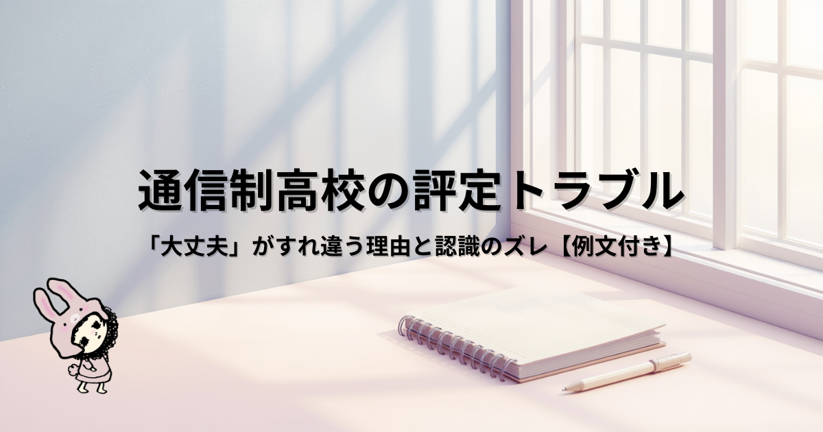 ブログ「進学校から通信制高校へ」の共通アイキャッチ画像。記事タイトル：通信制高校の評定トラブル｜「大丈夫」がすれ違う理由と認識のズレ【例文付き】